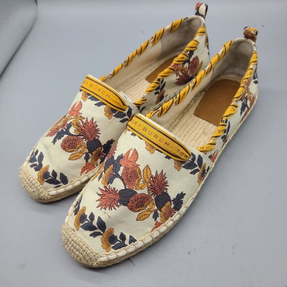 Tory Burch Sz 10.5 Flats Shoe Grosgrain Whipstitch Espadrille Printed Canvas New - Picture 2 of 7